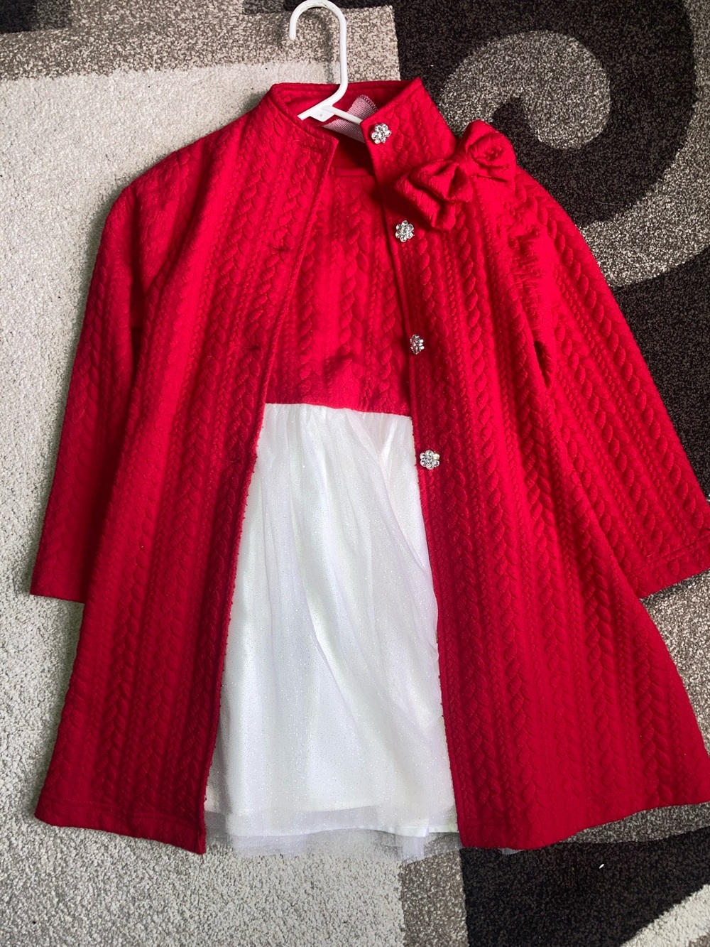 Blueberi Boulevard Red Cable-Knit Girls Cape Coat with Bow